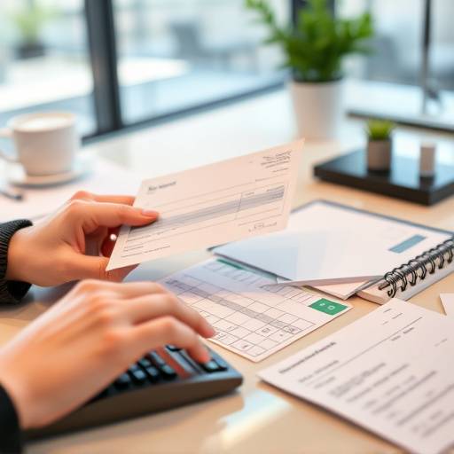 A payroll check being processed with a calculator and ledger