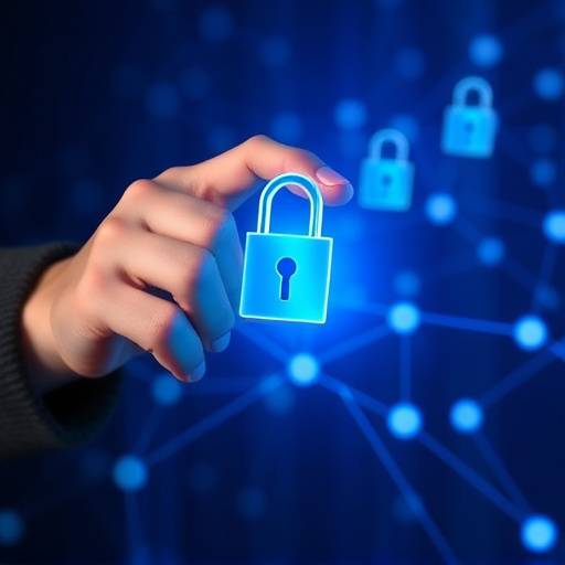 Illustration of secure data handling with lock icons and digital network lines.