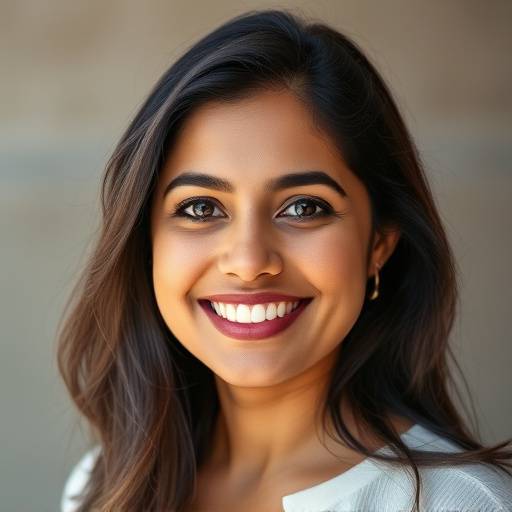 Portrait of Anya Sharma, a professional woman with a bright smile